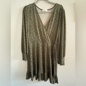 Kaileigh Olive Green Floral Wrap Long Sleeve Midi Dress